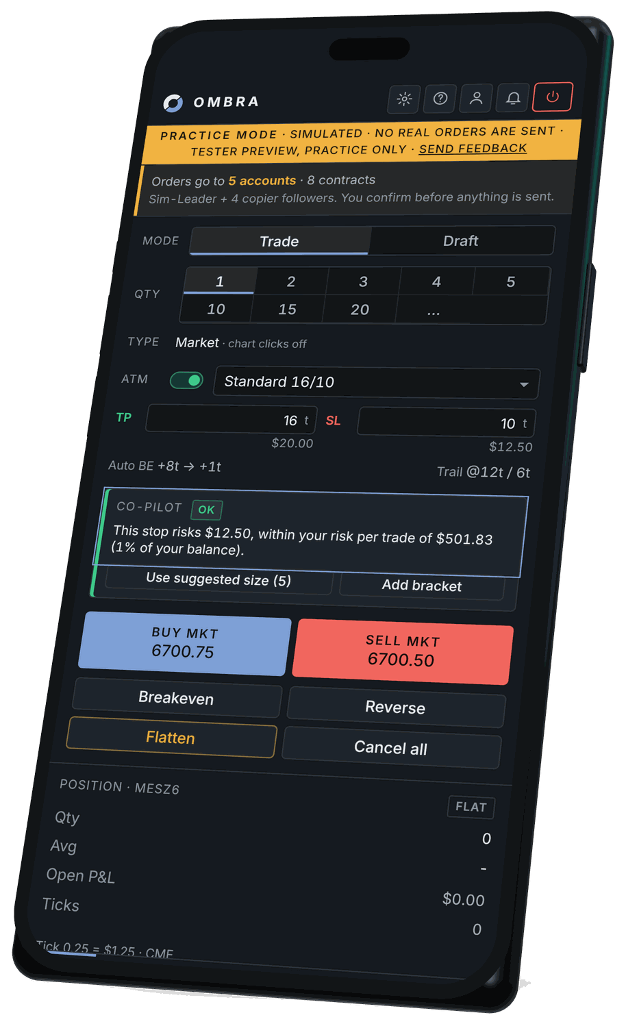 The Ombra web app practice terminal on a phone: a simulated MESZ6 one-minute candle chart, risk budget and order ticket, under a Practice mode, no real orders banner